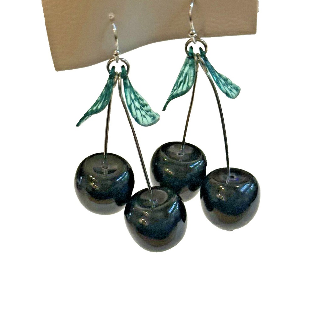 Anthropologie Black Cherry Dangle Earrings NWT Resin Fruit Statement Y2K Kitsch